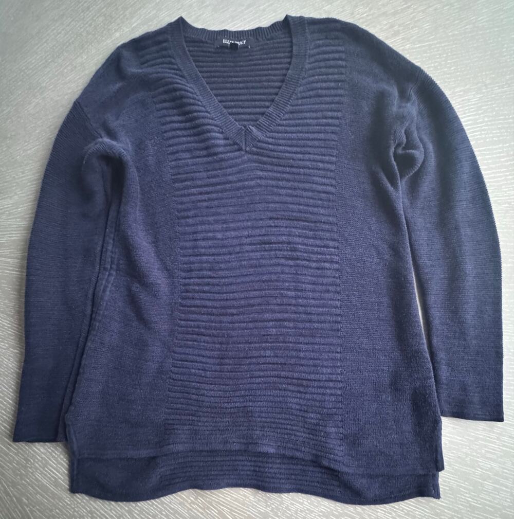 Ellen Tracy Womens XXL Navy Blue/Black V-Neck Ribbed Pullover Tunic Knit Sweater